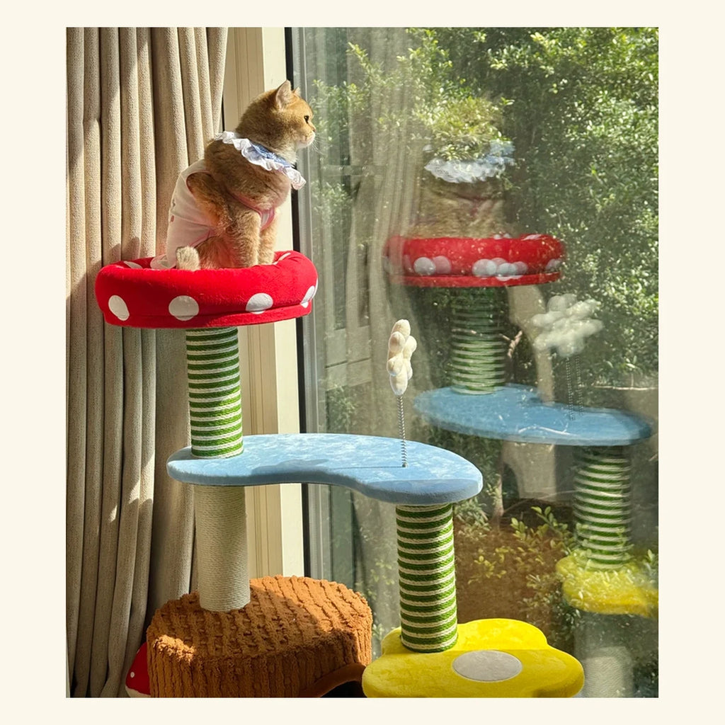 Paws Parade Harvest Hideaway colorful cat tree beside a bright window