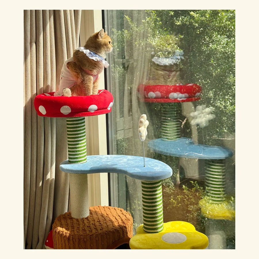 Paws Parade Harvest Hideaway colorful cat tree beside a bright window