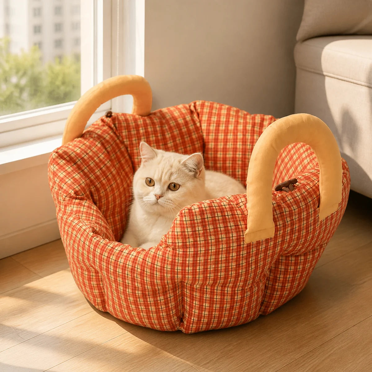 Tata Plaid Travel Bed in a bright pet-home setting